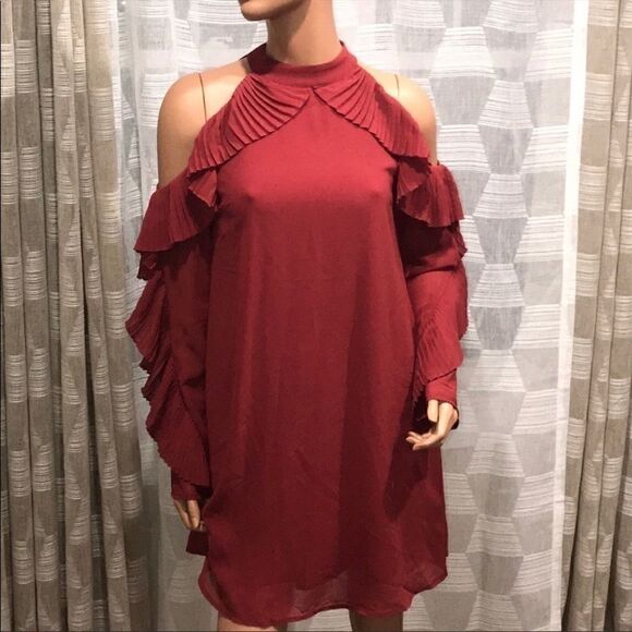 Solid Pleat Ruffle Trim Cold Shoulder Top                  - Picture 2 of 4